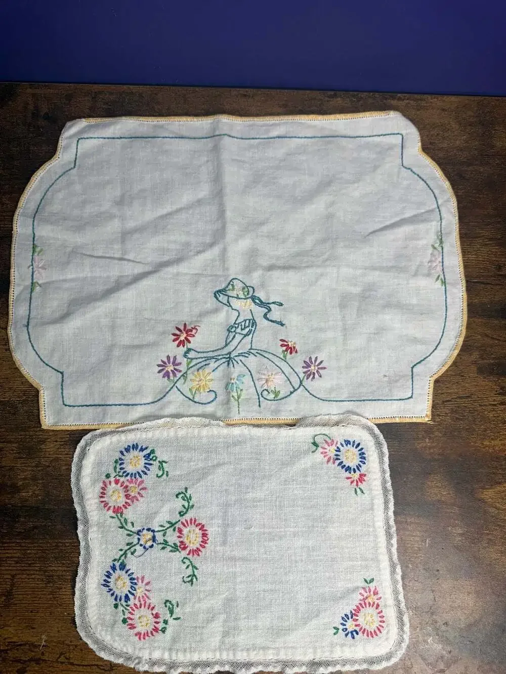 Vintage Hand Embroidered Doilies Set with Southern Lady and Floral Motifs